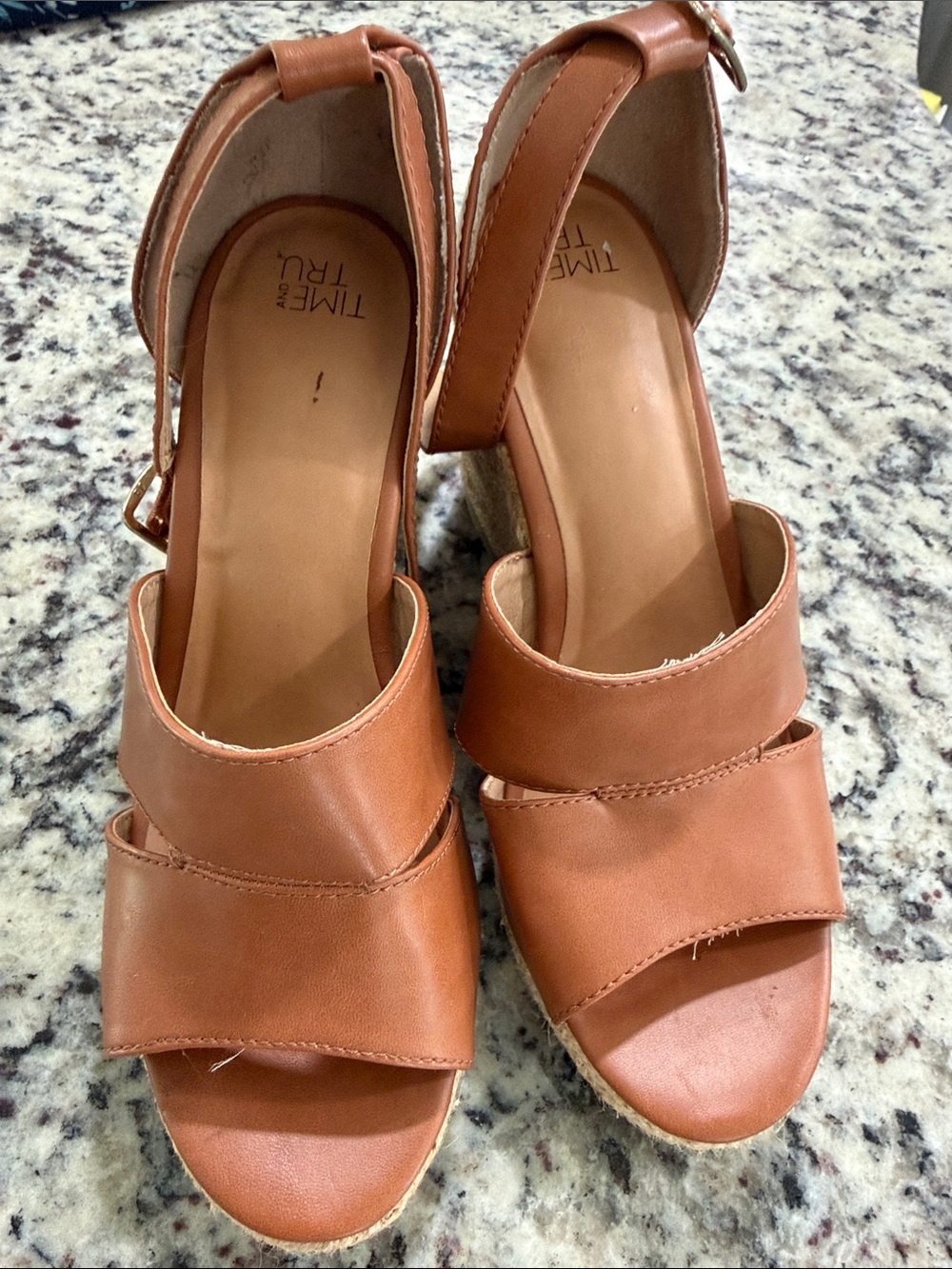 Time and Tru Tan Strappy Espadrille Wedge Sandals